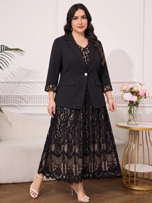 Reflora Plus Size Women's Contrast Lace Cuff Jacket And Dress Elegant Suit Set - Black - View 5