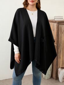 EMERY ROSE Cardigan Syal Rumbai Modis Warna Polos Ukuran Plus Wanita - Hitam - View 3