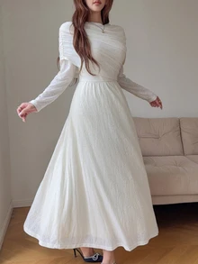 Feyla Gaun Wanita Polos Lengan Panjang Berlipit Elegan Romantis untuk Pernikahan, Kencan, Pesta Teh, Putih, Musim Gugur - Aprikot - View 4