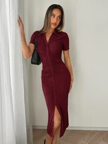 SHEIN Essnce 女款夏季優雅純色前開扣修身洋裝 - 酒紅色 - 查看 5