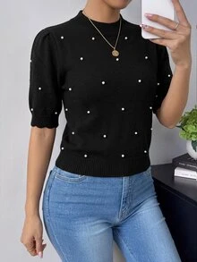 SHEIN Raffinéa ملابس علوية نسائية بلون موحد بأكمام قصيرة على شكل بتلات كاجوال مزينة بالخرز من الصوف المحبوك - الأسود - مشاهدة 1