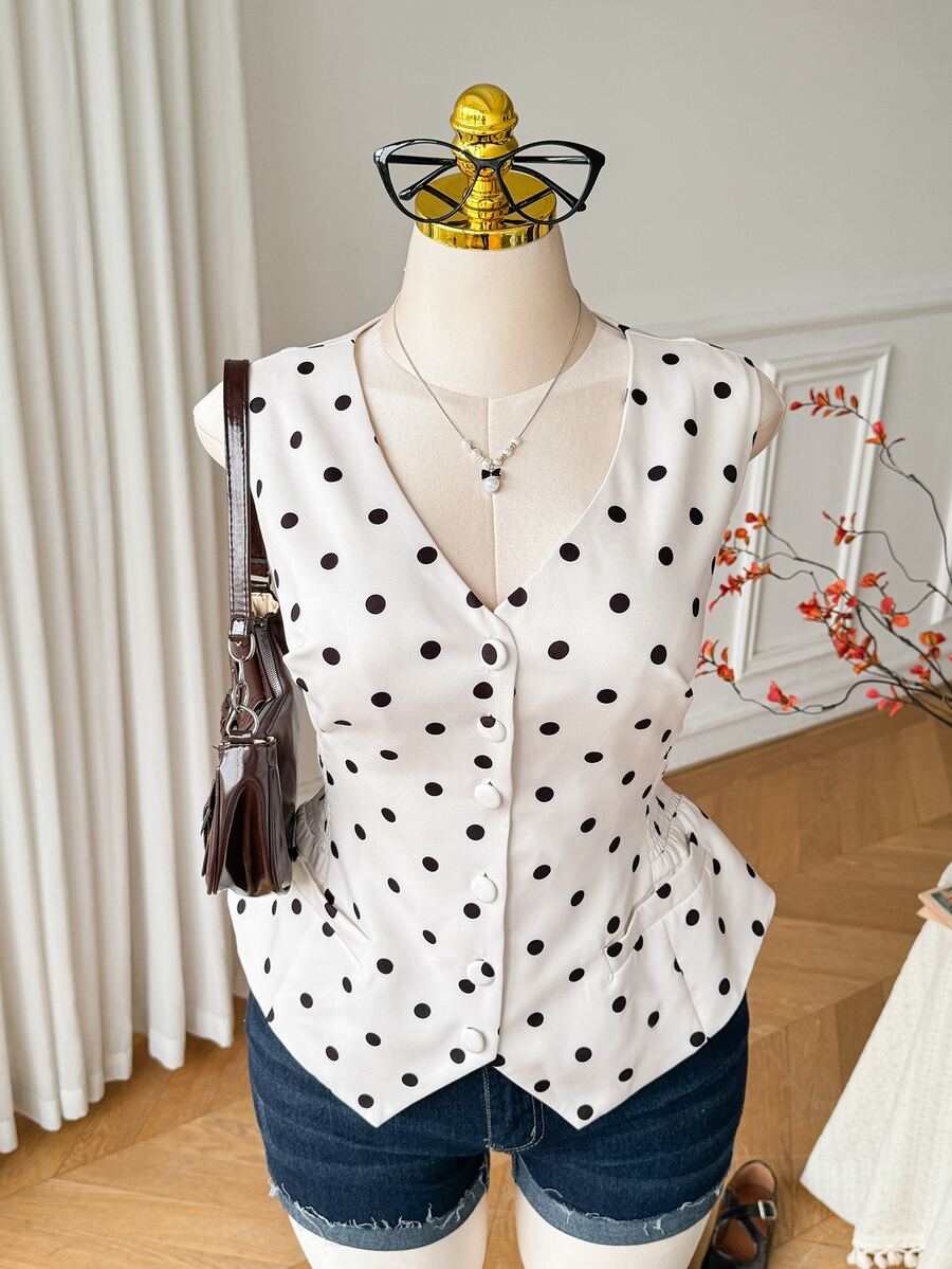 Comfortcana Plus Size Polka Dot Print Waist-Cinching Blazer Vest - White - View 1