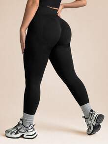 SHEIN Rhythm Era Seamless High Elasticity Plus Size Women's Sports Leggings - Black - View 2