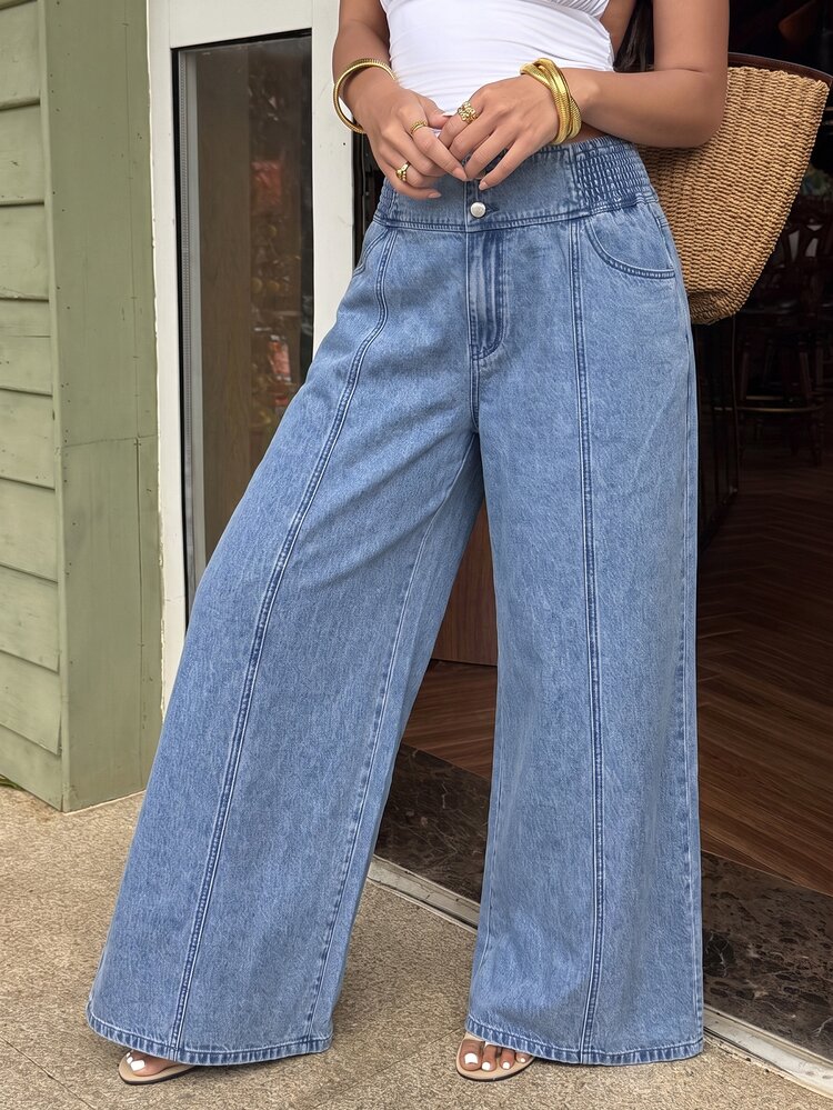 Breezaya Plus Size Women's Wide Leg Loose Casual Versatile Denim Jeans With Pockets - Blue - View 4