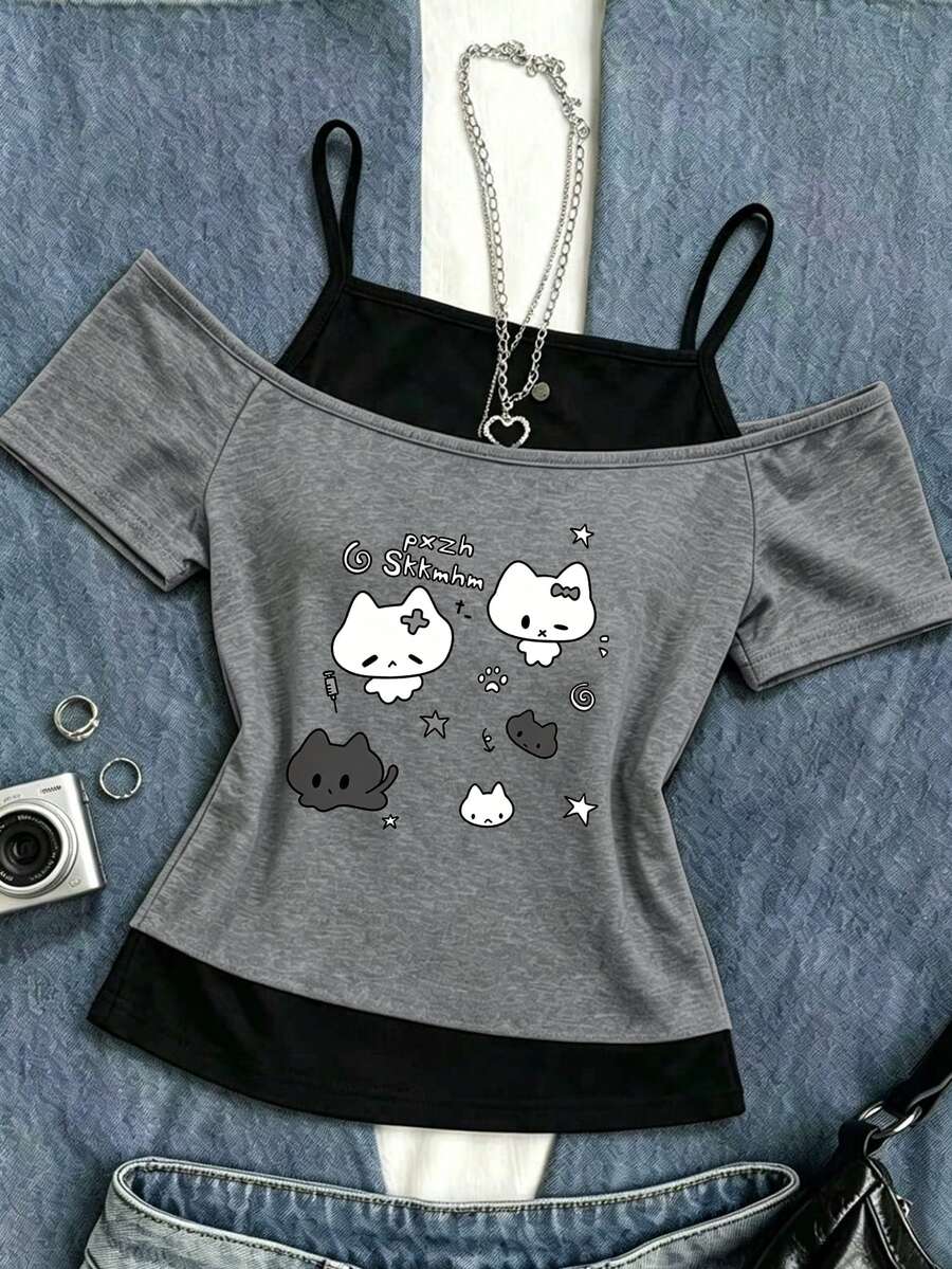SHEIN Sparklyn 女童休閒動物圖案印花假兩件式單肩細肩帶短袖T恤上衣,舒適春秋日常穿著 - 彩色 - 查看 1