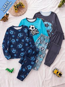 SHEIN 兒童青少年男孩修身足球圖案圓領長袖居家休閒舒適睡衣套裝 2件組 - 彩色 - 查看 1
