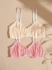 Lullawish Bra Wanita Set 2 Potong Motif Garis-Garis Blok Warna Nyaman Gaya Kasual Muda - MultiWarna - View 1