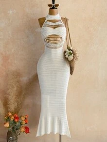 Soleia Women's Solid Color Cutout Design Fitted Sexy Halter Neck Knit Dress - Apricot - View 1