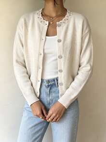 SHEIN Women's French Elegant Mature Style Rhinestone Decorated Lace Trim Rhinestone Button Round Neck Knit Cardigan, Versatile For Commuting And Outings - Apricot - View 6