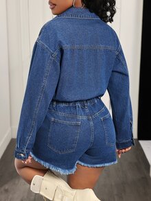 BamGleam Women's Long Sleeve Single-Breasted Casual Distressed Denim Romper - Dark Wash - View 3