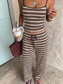 Aloruh Setelan Camisole & Celana Bergaris Kasual Nyaman untuk Wanita di Awal Musim Gugur, Setelan Bergaris Y2K, Cocok untuk Dipakai di Rumah, Kencan, Lapisan Dasar Serbaguna untuk Musim Gugur/Dingin - Coklat - View 4