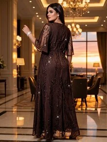 Auveirra Plus Size Elegant Sequin Party Dress - Brown - View 2