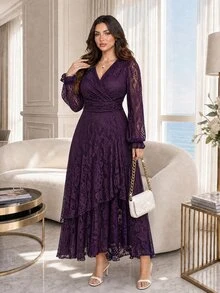 Auveirra Plus Size Women V-Neck Long Sleeve Patchwork Ruffle Elegant Lace Dress Fall - Purple - View 7