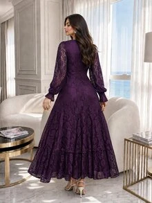 Auveirra Plus Size Women V-Neck Long Sleeve Patchwork Ruffle Elegant Lace Dress Fall - Purple - View 2