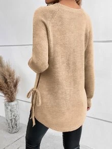 SHEIN Autumn/Winter Casual Versatile Solid Color Side Slit Lace-Up Sweater - Apricot - View 2