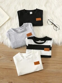 SHEIN 男女嬰兒/幼兒 4件組秋冬休閒可愛條紋與素色長袖內搭T恤多件組，嬰兒冬季上衣 - 黑色 - 查看 5