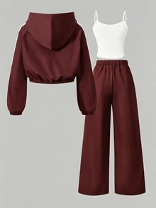 SHEIN 3件組青少年女孩連帽衛衣套裝，長袖開襟短版夾克、白色細肩帶背心、鬆緊腰寬鬆寬腿長褲，休閒穿搭，秋季服飾，返校校服 - 酒紅色 - 查看 2