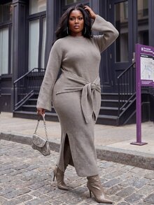 Slaydiva Plus Size Autumn/Winter Fashion Knotted Side Slit Knit Dress - Coffee Brown - View 2