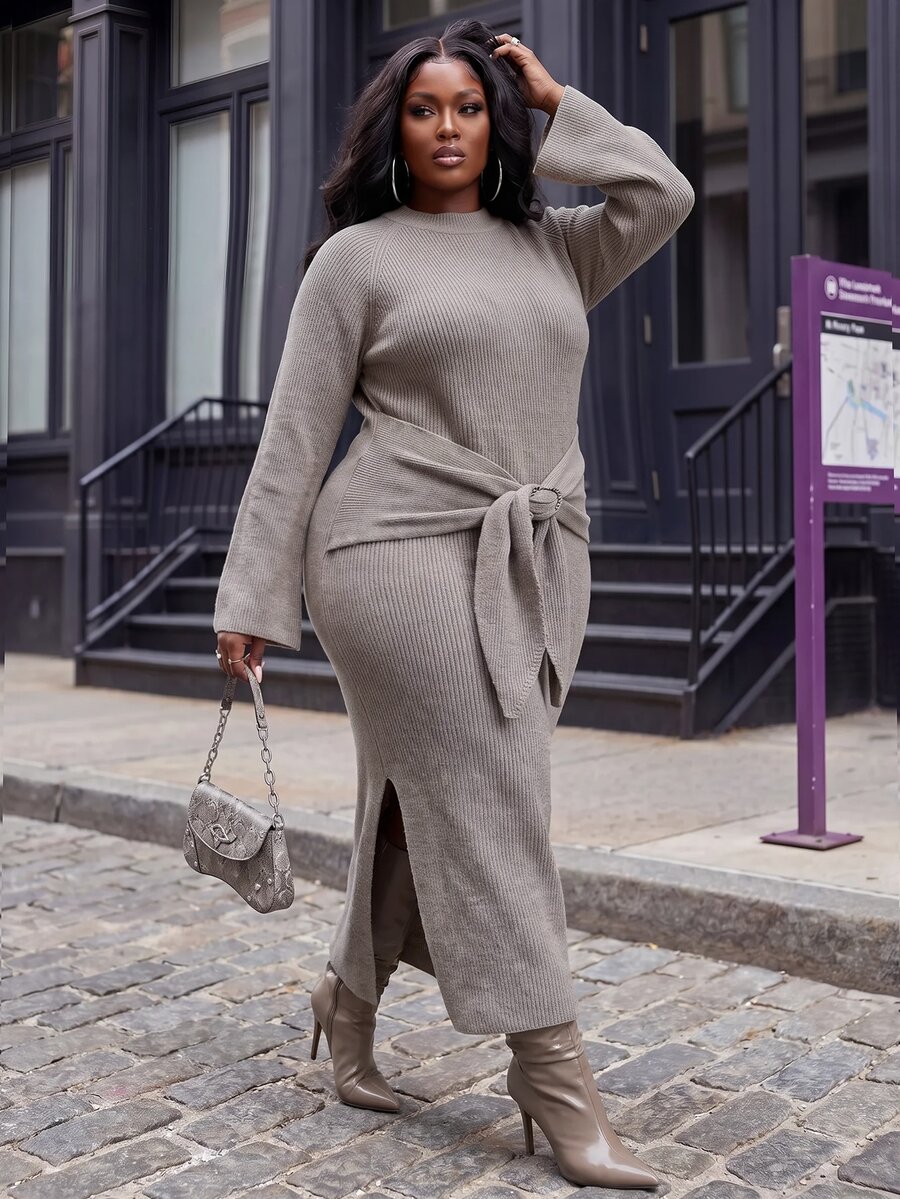 Slaydiva Plus Size Autumn/Winter Fashion Knotted Side Slit Knit Dress