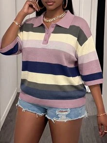 Slaydiva Plus Size Women's Colorblock Casual Daily Wear Knit Top - Multicolor - View 4