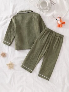 2pcs Baby Boy Comfortable Soft Cotton Crinkle Fabric Forest Green Collared Button-Up Pocket Embroidered Cute Fox Pattern Collar Placket Cuff Trim Design Long Sleeve Pants Cotton Woven Set - Multicolor - View 2