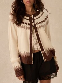 Easelle Vintage Bohemian Round Neck Cardigan For Women - Multicolor - View 4