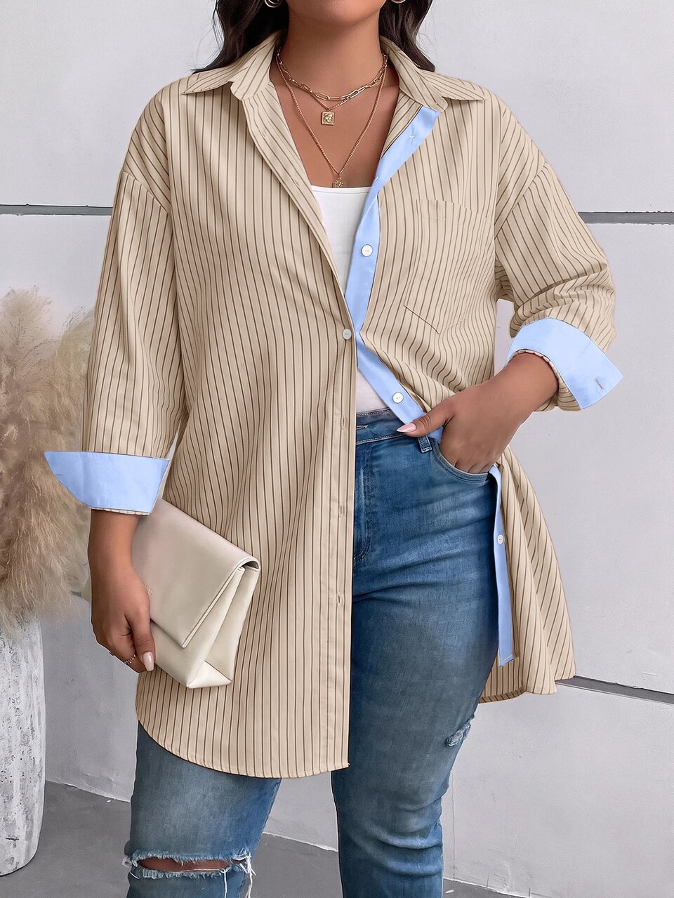 Plus Size Casual Striped Shirt, Autumn