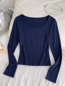 SHEIN Kids Tween Girls Knit Solid Blue Round Neck Ruched Lace Patchwork Long Sleeve T-Shirt - Navy Blue - View 4