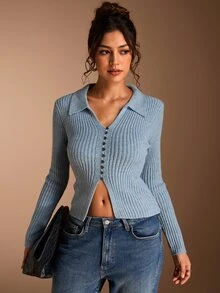 SHEIN BASICS Women's Autumn Casual Solid Color Split Front Cardigan - Blue - View 5