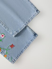 SHEIN PETITE Women's Floral Embroidered Pocket Wide Leg Loose Casual Denim Jeans - Blue - View 5