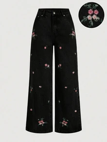 Sweetra Embroidered Casual Women's Jeans - Black - View 1
