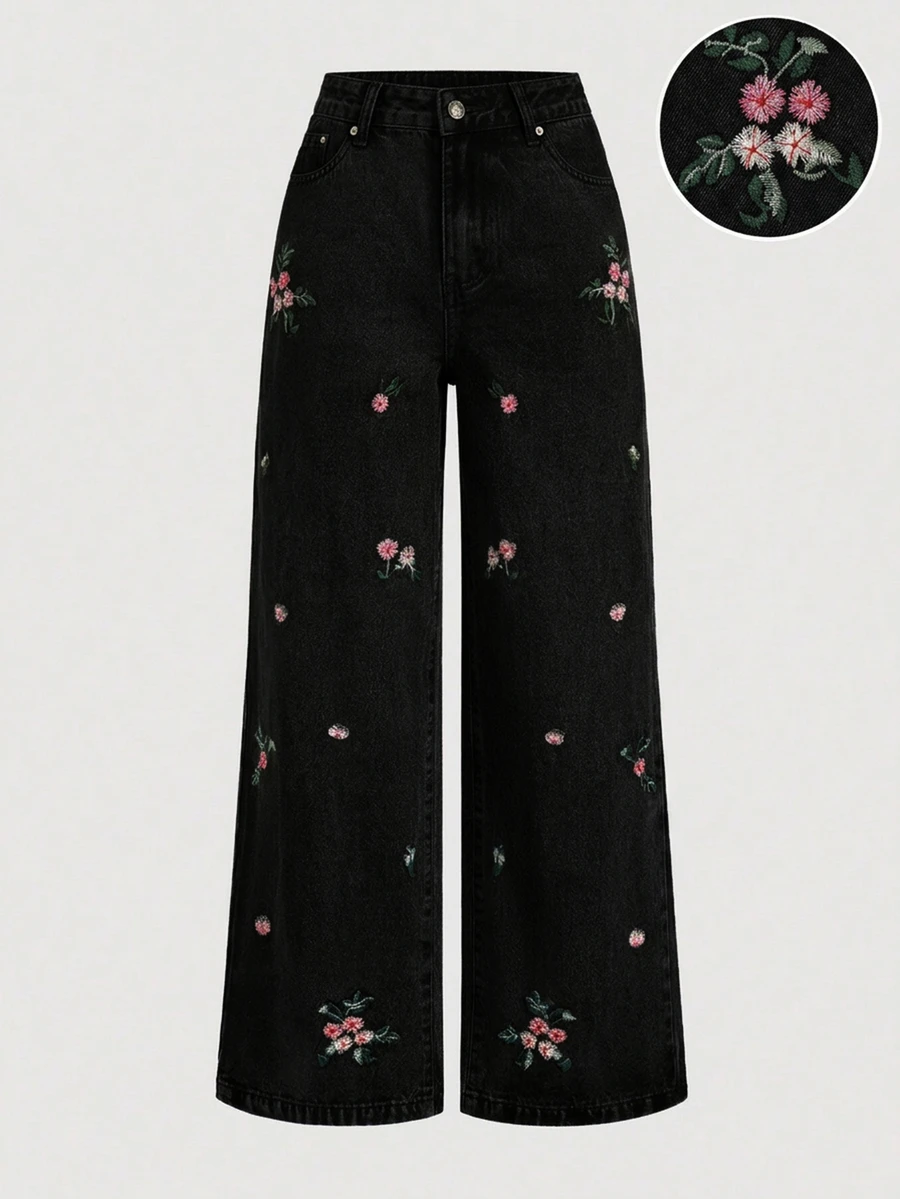 Sweetra Embroidered Casual Women's Jeans - Black - View 1