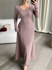 DAZY Women's Solid Color V-Neck Long Sleeve Elegant Dress Fall - Pink - View 7