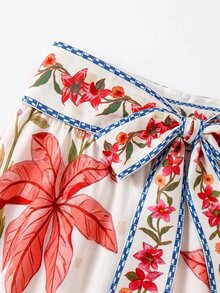 SHEIN Clasi Tropical Print Tie-Up A-Line Skirt, Suitable For Vacation, Comfortable To Wear - Multicolor - View 6