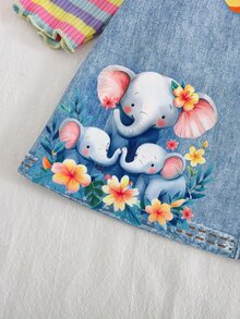 SHEIN 女嬰彩虹條紋長袖內搭上衣與動物印花吊帶連身裙2件套，大象長頸鹿小羊卡通印花，柔軟親膚面料，可愛俏皮風格，春秋日常穿著，公園出遊套裝，寬鬆舒適嬰兒套裝 - 藍色 - 查看 5