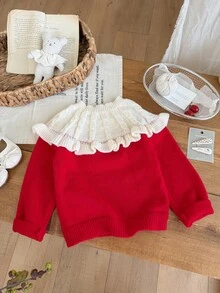 SHEIN Vintaside Kids 女童開學季秋冬紅色甜美毛衣，絲綢蕾絲下擺，優雅公主娃娃風，柔軟紗線，萬聖節、新年、聖誕節適用 - 彩色 - 查看 2