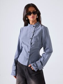 LYSMO Women's Plaid Long Sleeve Single-Breasted Casual French Elegant Stand Collar Shirt Office Brunch White And Navy Fall - Blue - View 5