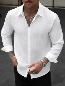 Manfinity CasualCool Men's Casual White Long Sleeve Single-Breasted Shirt - White - View 1