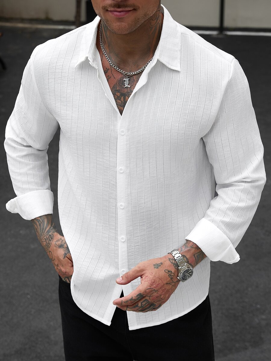 Manfinity CasualCool Men's Casual White Long Sleeve Single-Breasted Shirt - White - View 1