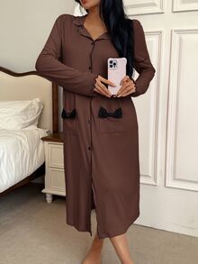 SweetSlumber Women's Brushed Ribbed Bow Knot Loungewear Dress - Brown - View 5