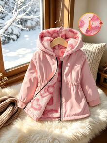 SHEIN Elladie kids 女童冬季嬰兒白色愛心保暖內裡拉鍊連帽衛衣，彈性腰圍加厚保暖時尚戶外通勤外套 - 粉色 - 查看 2