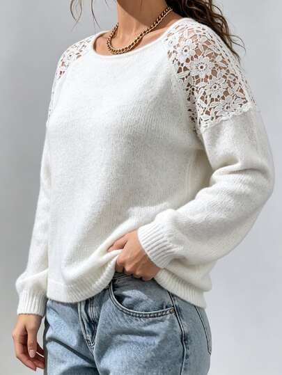 Elenzga Plus Size Women's White Pullover Sweater With Hollow-Out Floral Lace Patchwork, Fashionable Style For Autumn/Winter, Suitable For Vacation, Casual, Street Wear And More