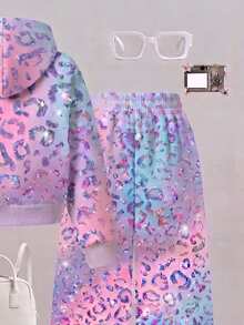 Girls (Small) Hoodie Set, Gradient Colorful Leopard Print Hooded Sweatshirt Set, Dreamy Pink Blue Purple Gradient Base Color, Shiny Metallic Leopard Print All-Over Pattern, Casual Loose Fit - Multicolor - View 3