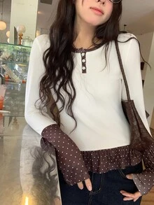 DAZY Women's Round Neck Colorblock Polka Dot Long Sleeve T-Shirt Fall - White - View 3