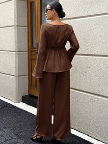 MaterniWear 孕婦方領長袖上衣與可調腰圍長褲休閒兩件套 - 咖啡棕 - 查看 6
