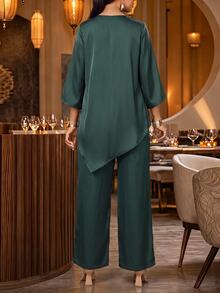 Fleurora Women's Solid Color Round Neck Bell Sleeve Asymmetrical Hem Blouse And Long Pants Casual 2 Pieces Set - Green - View 2