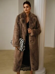ZEYLAH Faux Fur Oversized Lapel Long Shaggy Coat - Light Grey - View 6