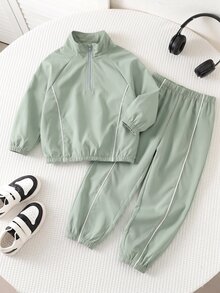 SHEIN 兒童男童2件套休閒長袖立領裝飾半拉鍊秋冬夾克與彈性腰長褲套裝，抓絨加厚 - 綠色 - 查看 2