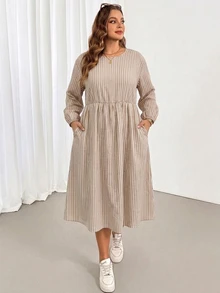 Shapeblank Women's Striped Textured Fabric Plus Size Round Neck Long Sleeve Apricot Dress, Suitable For Autumn, Party, Vacation, Date, Back To School - Khaki - View 3