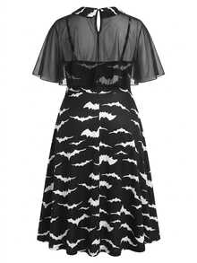 Sunspun Plus Size Halloween Bat Print Shawl Decor Dress - Black - View 2
